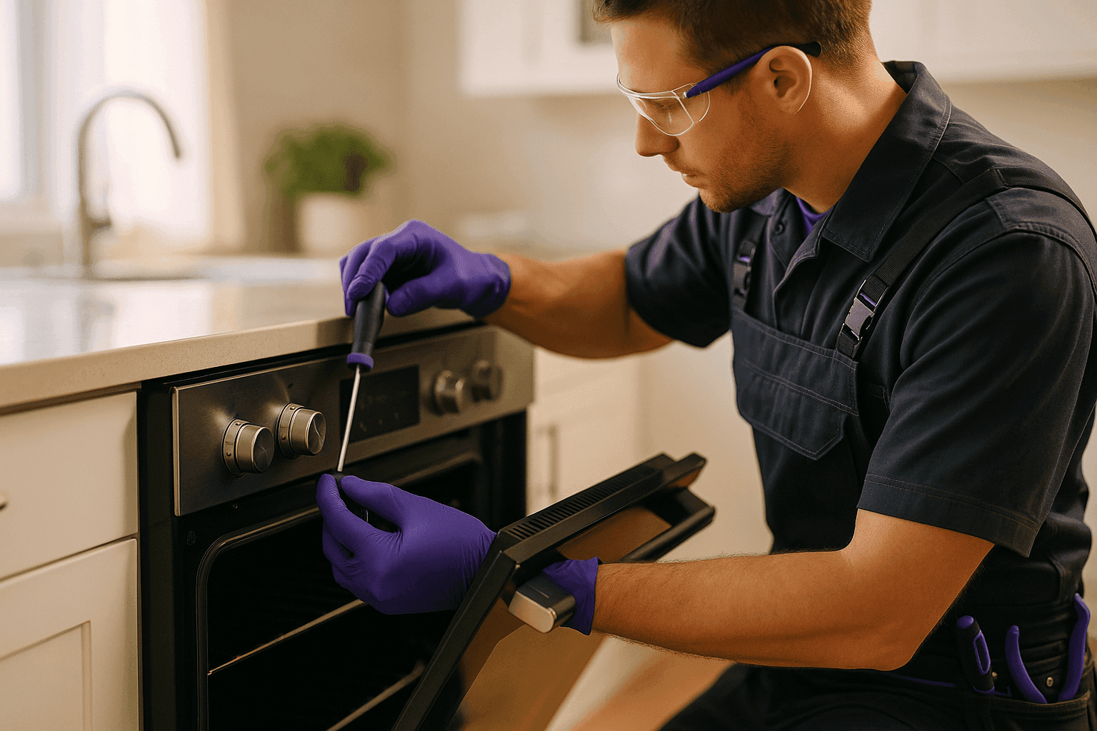 Appliance repair technician in PPE working on a modern appliance in a clean residential kitchen