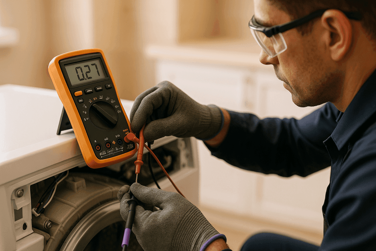 Gloved hands of technician using digital multimeter to test washing machine component in laundry room